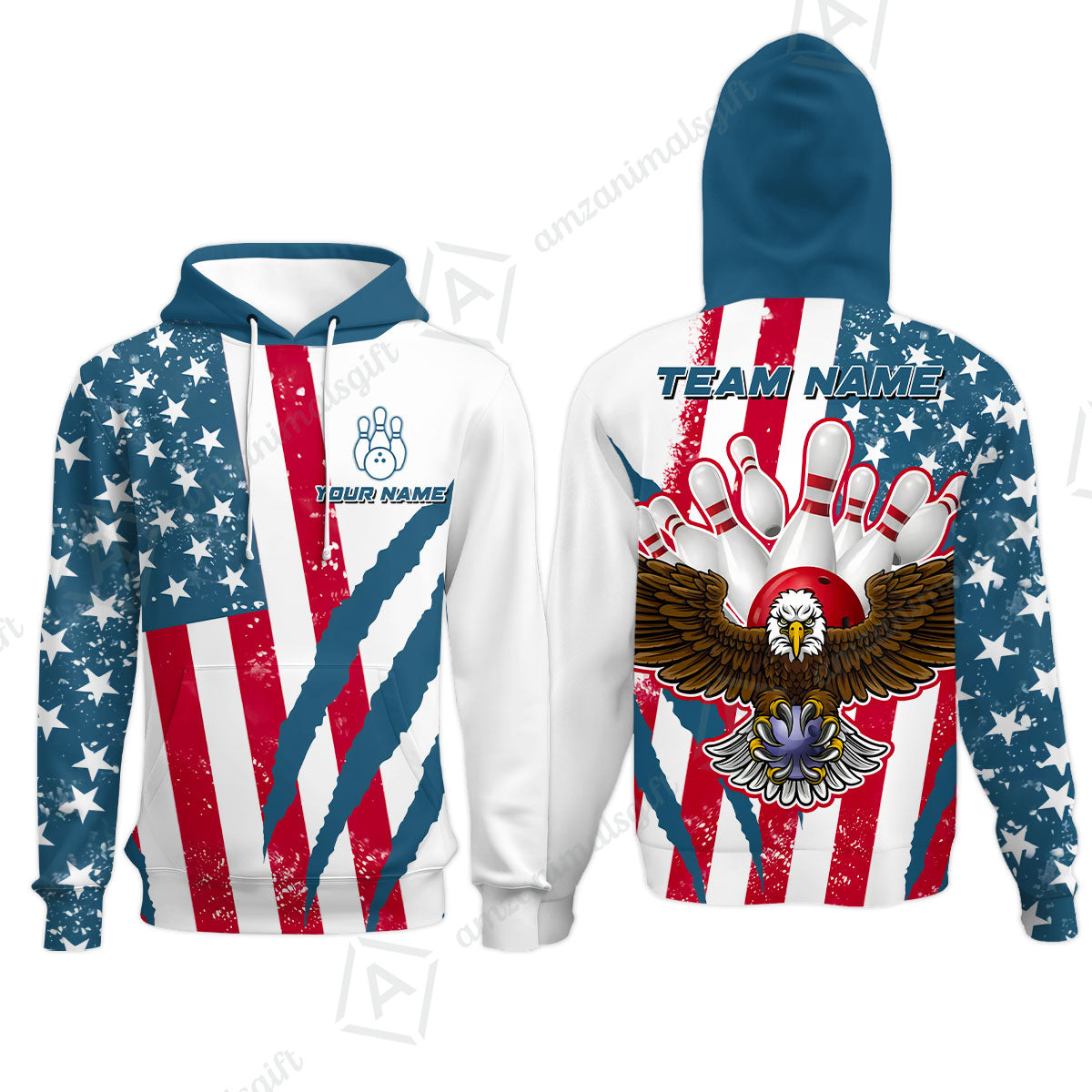 Customized Patriotic Bowling Hoodie, American Flag & Eagle Claw-mark Hoodie, Perfect For Bowling Team