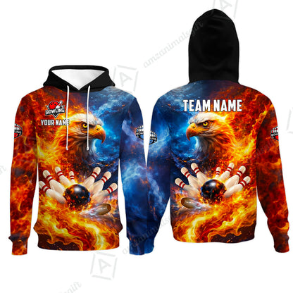 Custom Bald Eagle and Fire Bowling Jersey Polo Shirt, Custom Bald Eagle and Fire Bowling Jersey Team Shirt For Players With Name & Team Name