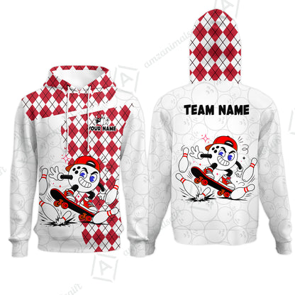 Custom Bowling Jersey Polo Shirt, Skateboarder Bowling Ball Mascot, Custom Bowling Jersey Team Shirt For Players With Name and Team Name