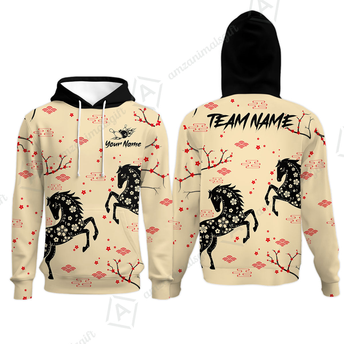 Customized Bowling Unisex Polo Shirt, Floral Pattern Horse Cherry Blossom, Bowling Uniform - Personalized Name Team Name