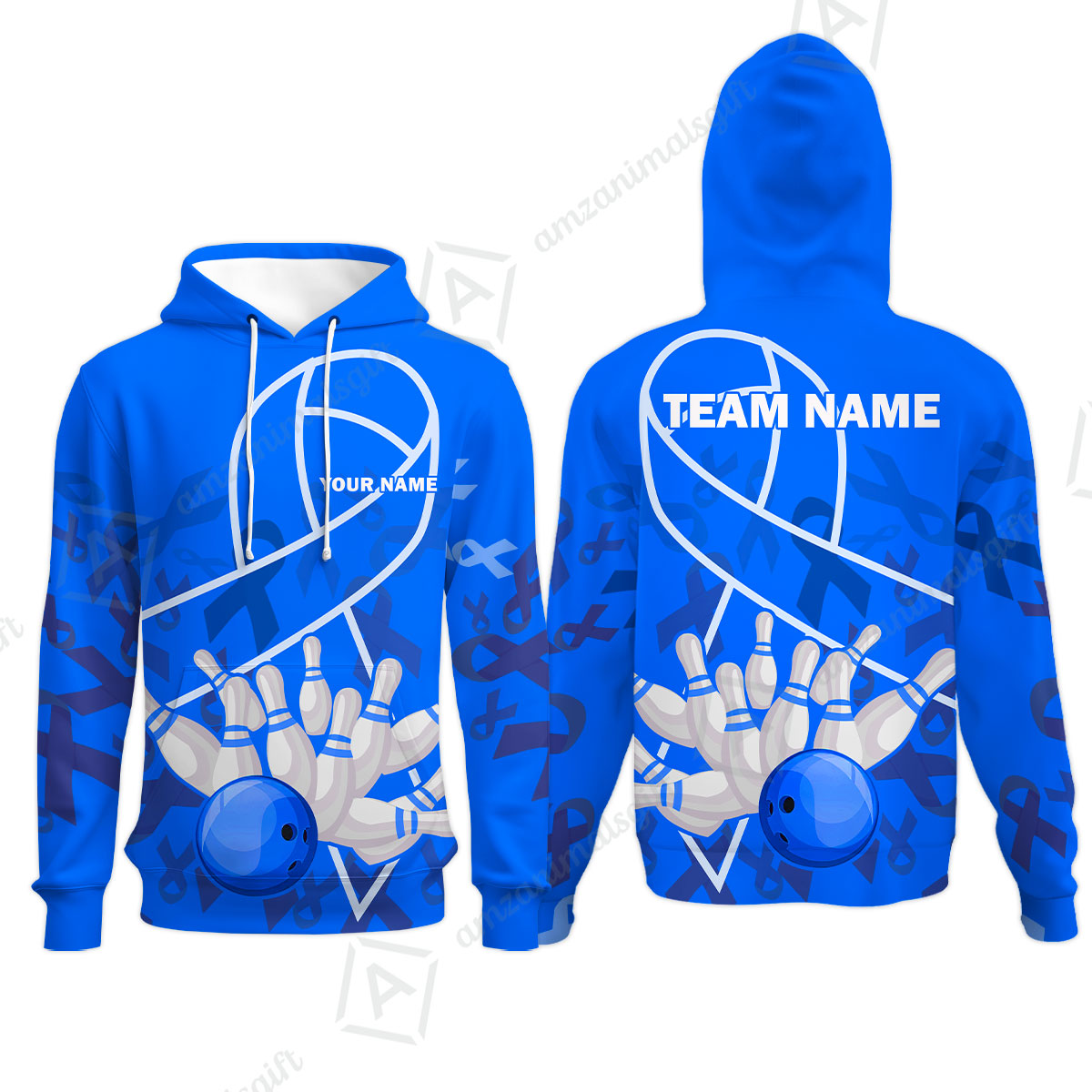 Custom Bowling Team Uniform Shirts, Blue Ribbon & Bowling Ball Strike Shirt, Personalized Team & Player Jersey