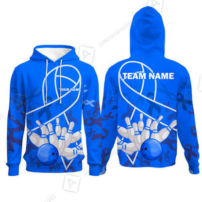 Custom Bowling Team Uniform Shirts, Blue Ribbon & Bowling Ball Strike Shirt, Personalized Team & Player Jersey