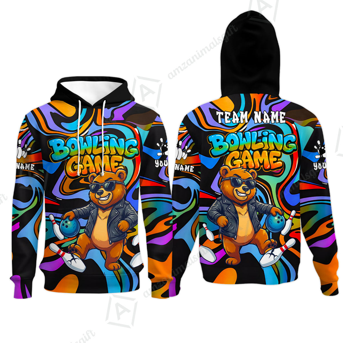 Custom Bowling Jersey Polo Shirt, Trippy Swirl Rocker Bear Graffiti Style, Custom Bowling Jersey Team Shirt For Players With Name & Team Name