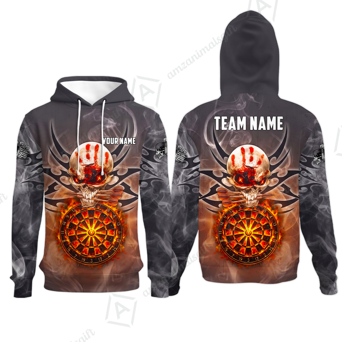 Custom Darts Jersey Polo Shirt, Glowing Fire Skull Tribal, Custom Dart Jersey Team Shirt For Players With Name & Team Name