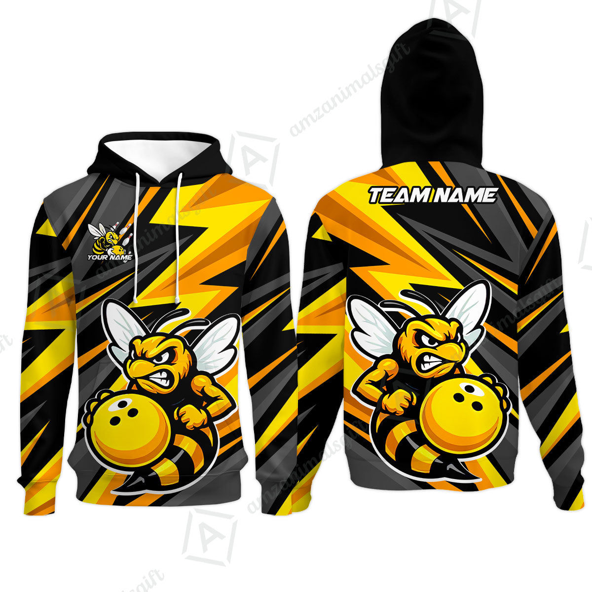 Custom Bowling Team Jersey, Bowling Angry Bee Yellow Strike  Polo Quarter-Zip Shirts, Bowling Uniforms Jerseys, Custom Name And Team Name