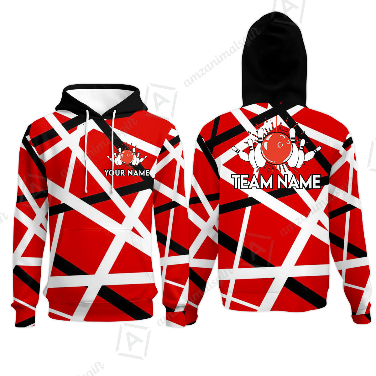 Custom Bowling Team Jersey Shirt, Bowling uniforms Vintage Retro Rock Style Guitar Red & White Personalized Name And Team Name