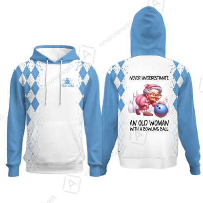 Custom Bowling Jersey Polo Shirt, Never Underestimate An Old Woman With A Bowling Ball, Personalized Name & Team Name
