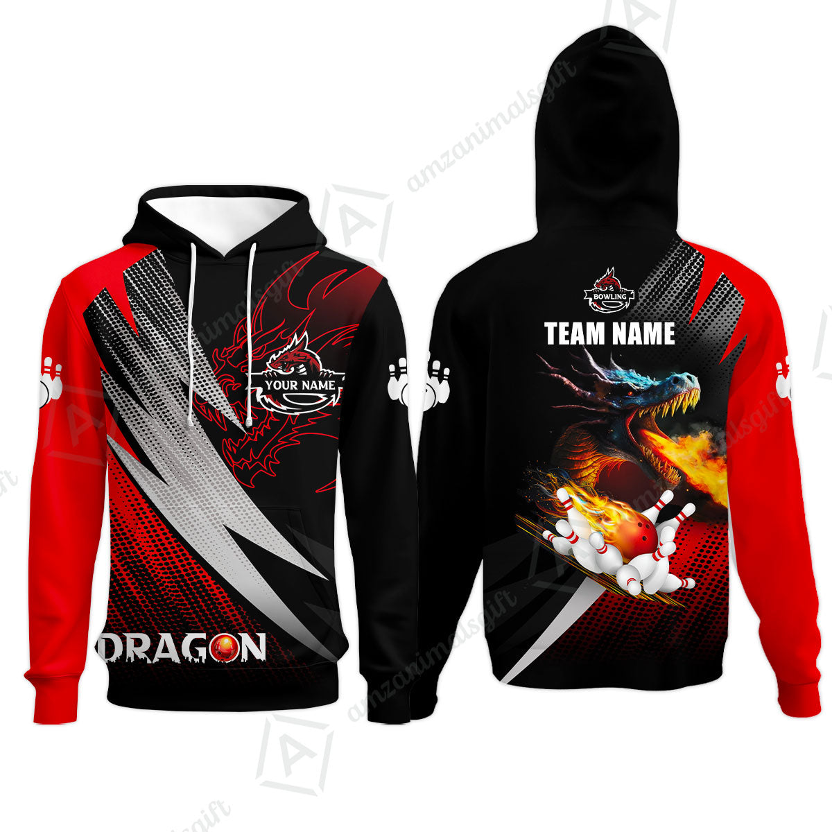 Customized Bowling Jersey Shirt, Personalized Name Dragon Team Red Bowling Ball On Fire Polo Shirt For Men - Perfect Gift For Bowling Lovers