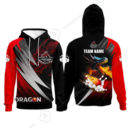 Customized Bowling Jersey Shirt, Personalized Name Dragon Team Red Bowling Ball On Fire Polo Shirt For Men - Perfect Gift For Bowling Lovers
