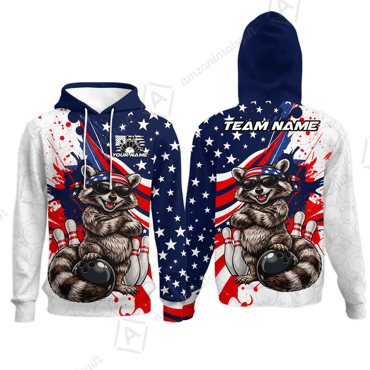 Custom Bowling Jersey Polo Shirt, Patriotic Cool Raccoon Mascot, Custom Bowling Jersey Team Shirt For Players With Name and Team Name