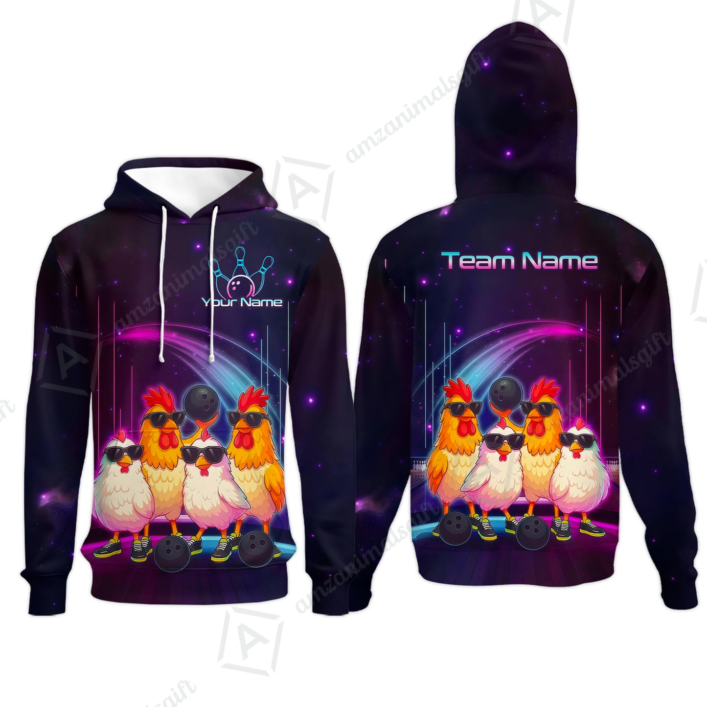 Custom Bowling Jersey Polo Shirt, Funny Cool Chickens Neon Cosmic, Custom Bowling Jersey Team Shirt For Players With Name & Team Name