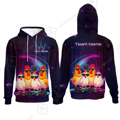 Custom Bowling Jersey Polo Shirt, Funny Cool Chickens Neon Cosmic, Custom Bowling Jersey Team Shirt For Players With Name & Team Name