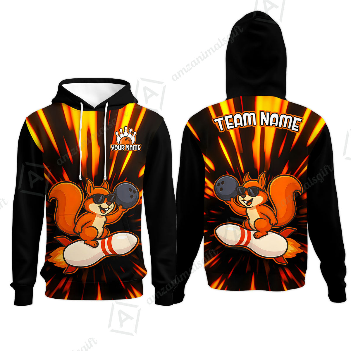Funny Bowling Custom Polo T-Shirt - Fun Cartoon Flame With Squirrel Wearing Sunglasses, Personalized Bowling Jersey Polo Shirts