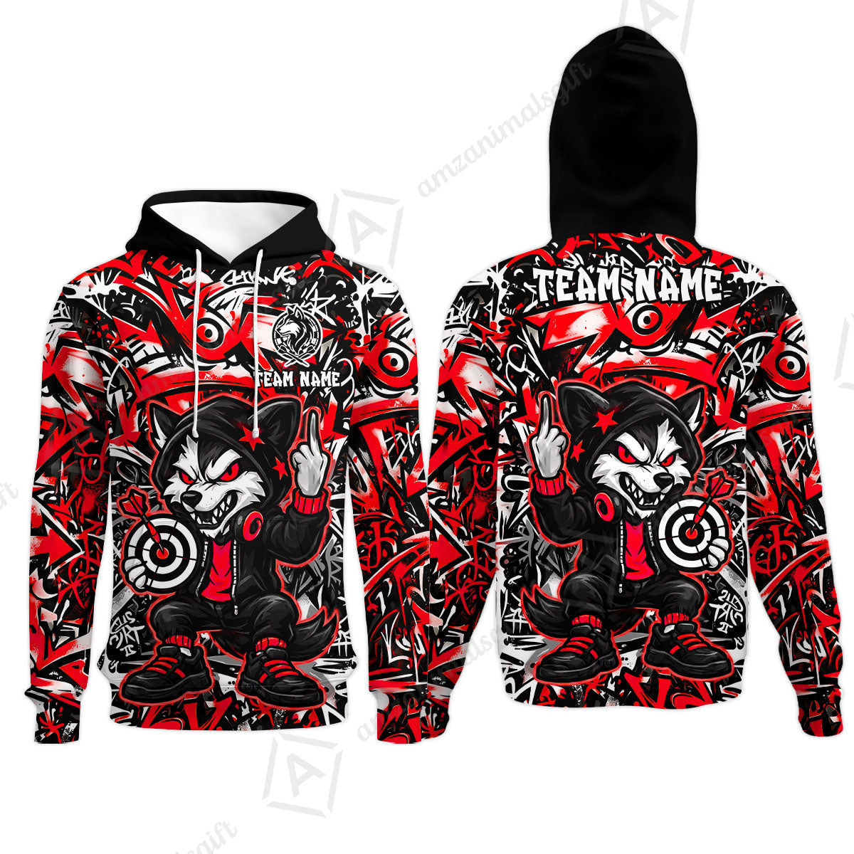 Customized Darts Team Uniform Shirt, Cool Cartoon Wolf With Dartboard, Personalized Name And Team Name