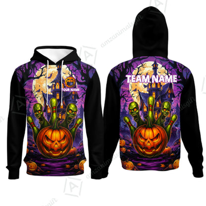 Custom Halloween Bowling Short Sleeve Men Polo Shirt, Halloween Pumpkin Zombie Pins Personalized Shirt with Name and Team Name, Custom Bowling Team Uniforms Jerseys