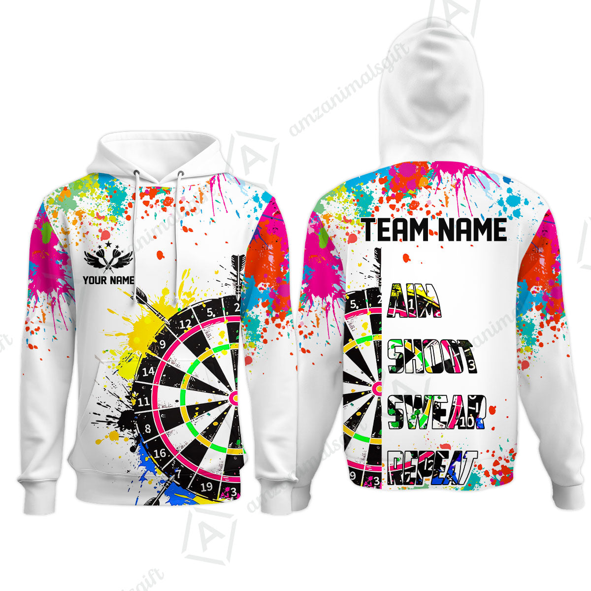 Custom Funny Dartboards Colorful Paint Quarter Zip Polo Team Shirts, Custom Aim Shoot Swear Repeat Darts Team Jerseys Uniform - White