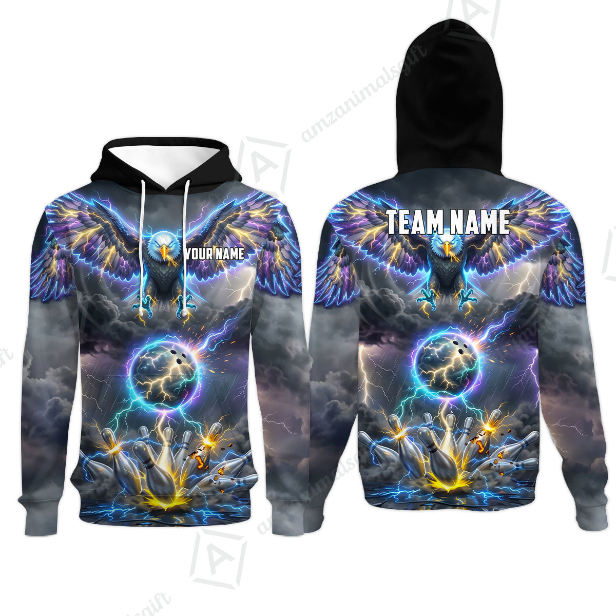 Custom Bowling Jersey Polo Shirt, Majestic Electric Lightning Eagle, Custom Bowling Jersey Team Shirt For Players With Name and Team Name