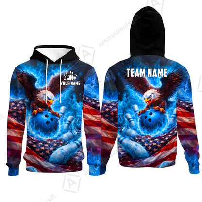 Custom Bowling Jersey Polo Shirt, Patriotic Blue Fire Eagle, Custom Bowling Jersey Team Shirt For Players With Name and Team Name