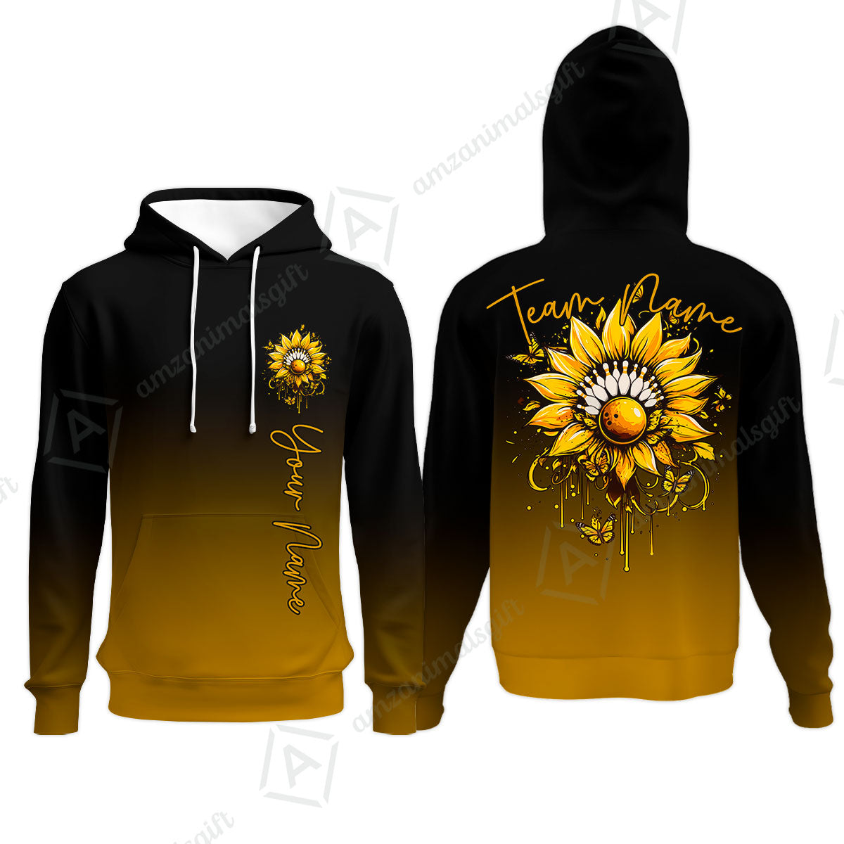 Custom Bowling Jersey Polo Shirt, Sunflower Bowling Pin Gradient Background, Custom Bowling Jersey Team Shirt For Players With Name and Team Name