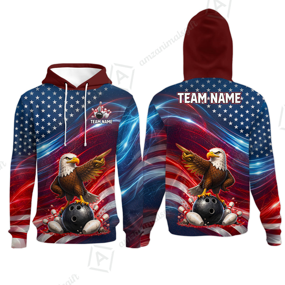 Custom Bowling Jersey Polo Shirt, Eagle Bowling Flag America Thunder Wave, Custom Bowling Jersey Team Shirt For Players With Name and Team Name