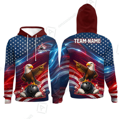 Custom Bowling Jersey Polo Shirt, Eagle Bowling Flag America Thunder Wave, Custom Bowling Jersey Team Shirt For Players With Name and Team Name