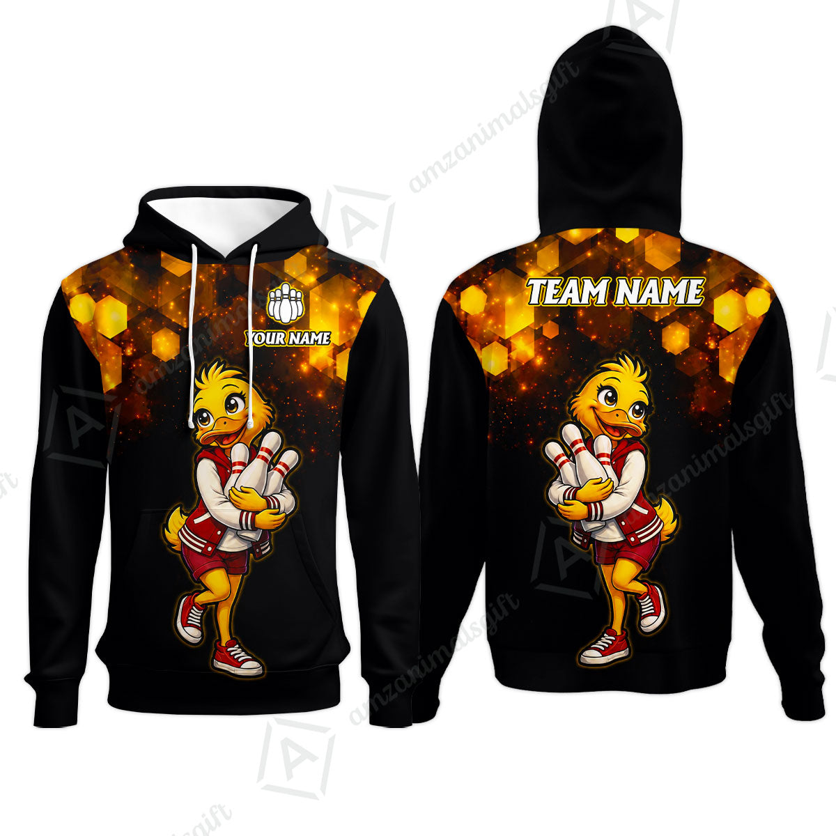 Custom Bowling Jersey Polo Shirt, Golden Glow Varsity Duckling Mascot, Custom Bowling Jersey Team Shirt For Players With Name and Team Name