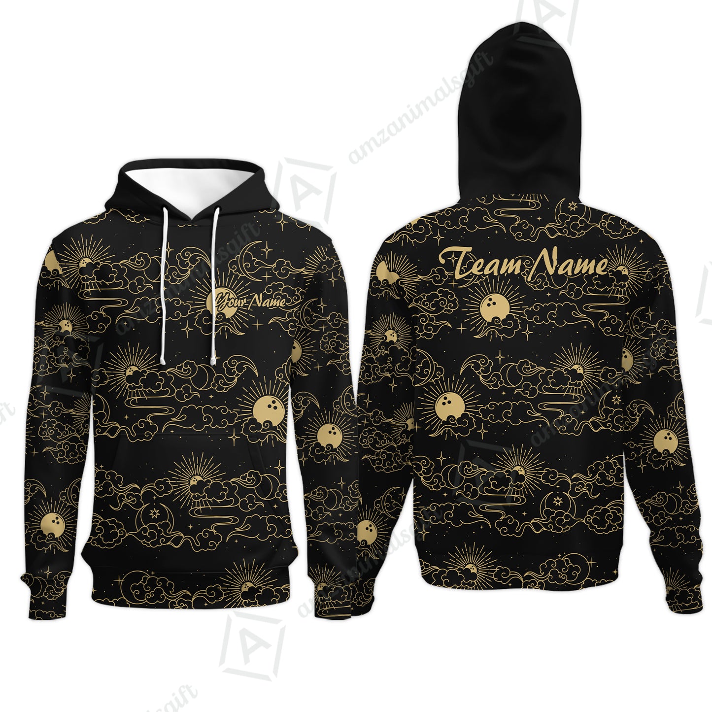 Custom Bowling Jersey Polo Shirt, Black Gold Celestial Bowling, Custom Bowling Jersey Team Shirt For Players With Name & Team Name
