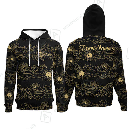 Custom Bowling Jersey Polo Shirt, Black Gold Celestial Bowling, Custom Bowling Jersey Team Shirt For Players With Name & Team Name
