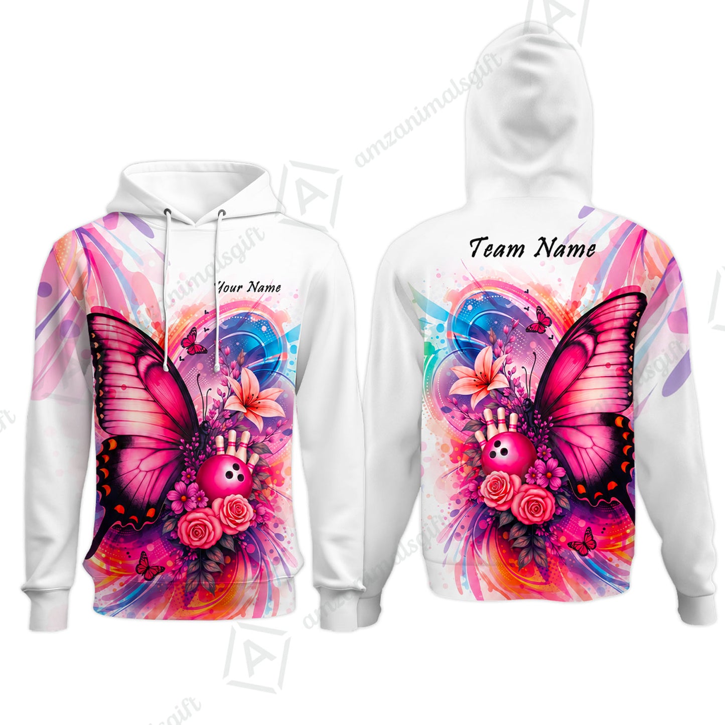 Custom Bowling Jersey Polo Shirt, Watercolor Pink Butterfly Bloom, Custom Bowling Jersey Team Shirt For Players With Name and Team Name