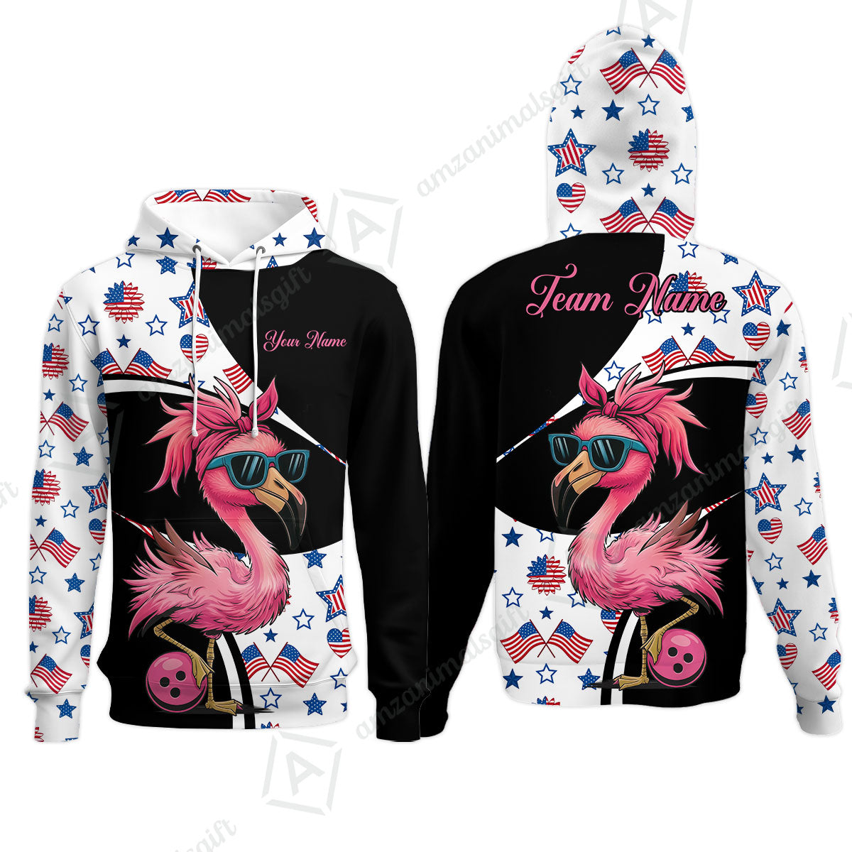 Custom Flamingo America Flag Bowling Jersey Polo Shirt, Custom Flamingo America Flag Bowling Jersey Team Shirt For Players With Name & Team Name