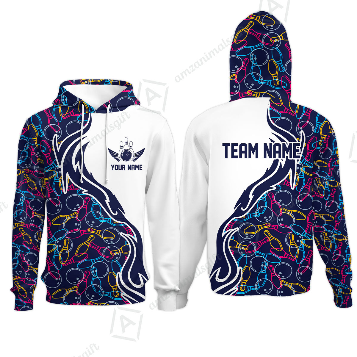 Customized Bowling Hoodie Skittles And Balls Outline Bowling Pattern Custom Name And Team Name For Bowlers