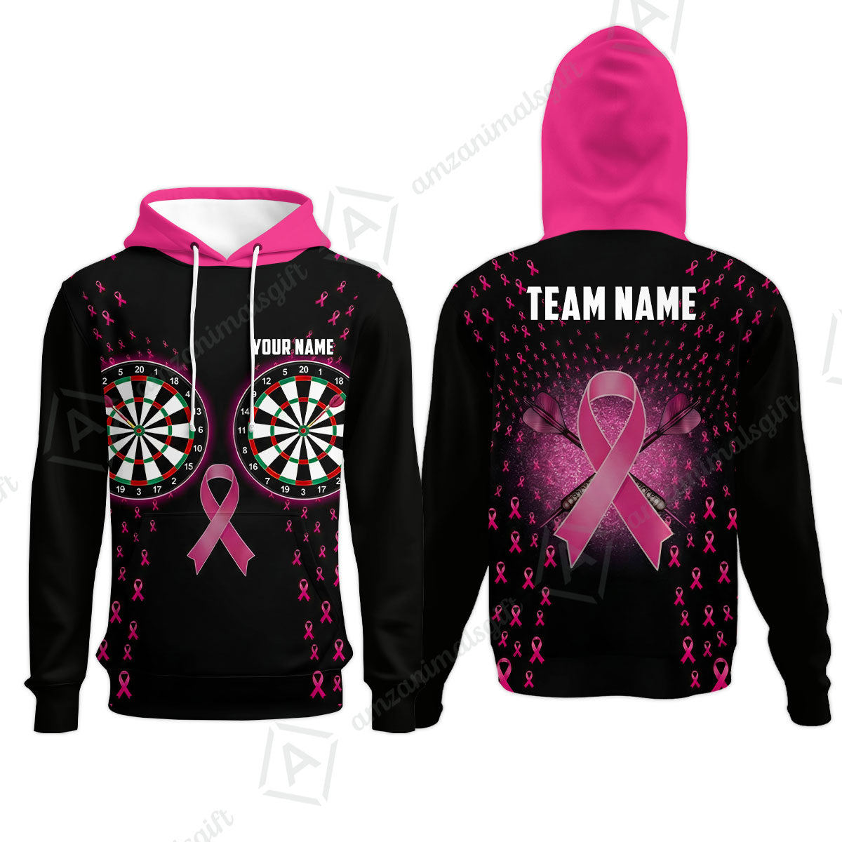 Custom Darts Team Jersey, Personalized Pink Ribbon Darts Polo Shirt For Players With Name & Team Name