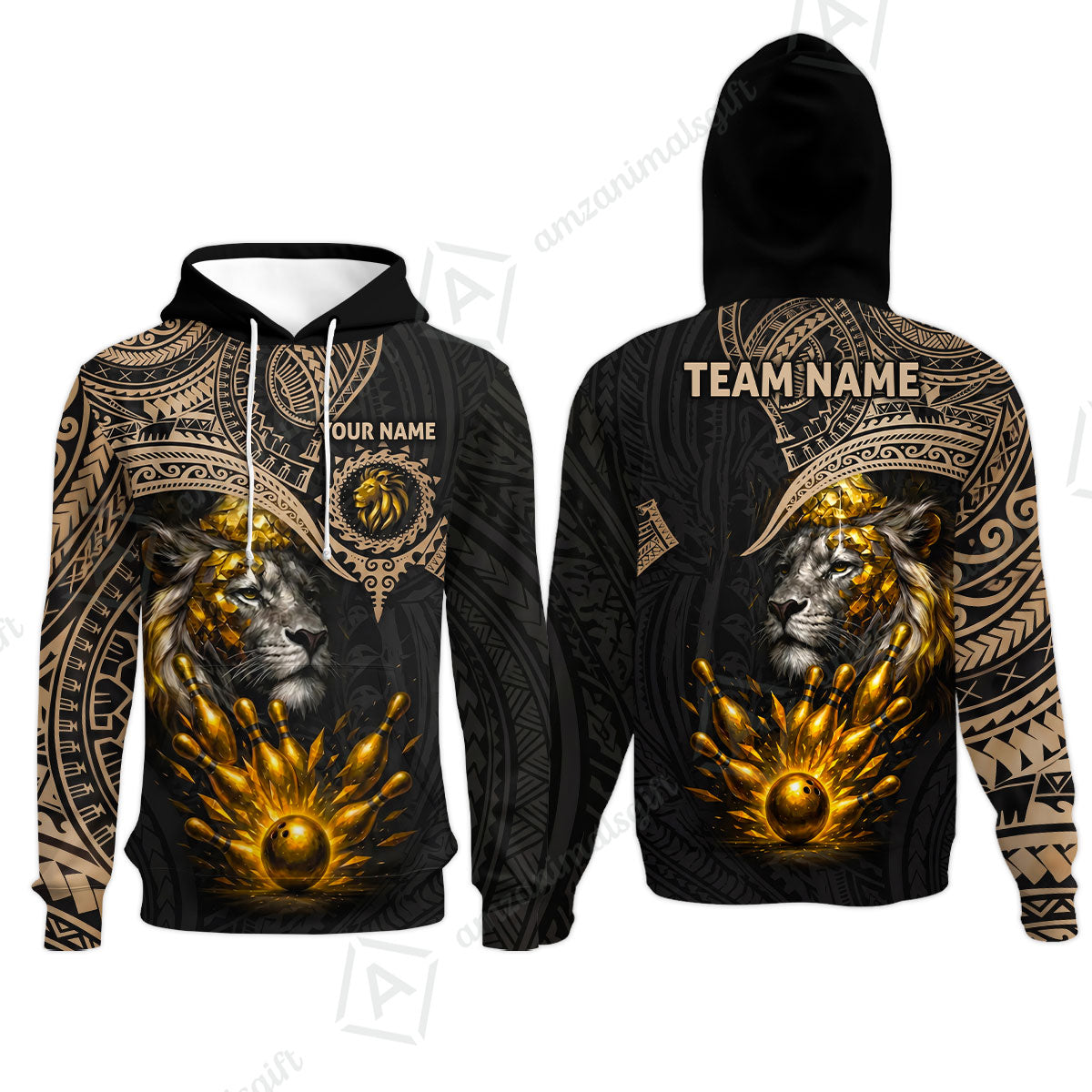Custom Bowling Jersey Polo Shirt, Regal Golden Tribal Lion, Custom Bowling Jersey Team Shirt For Players With Name and Team Name