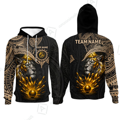 Custom Bowling Jersey Polo Shirt, Regal Golden Tribal Lion, Custom Bowling Jersey Team Shirt For Players With Name and Team Name