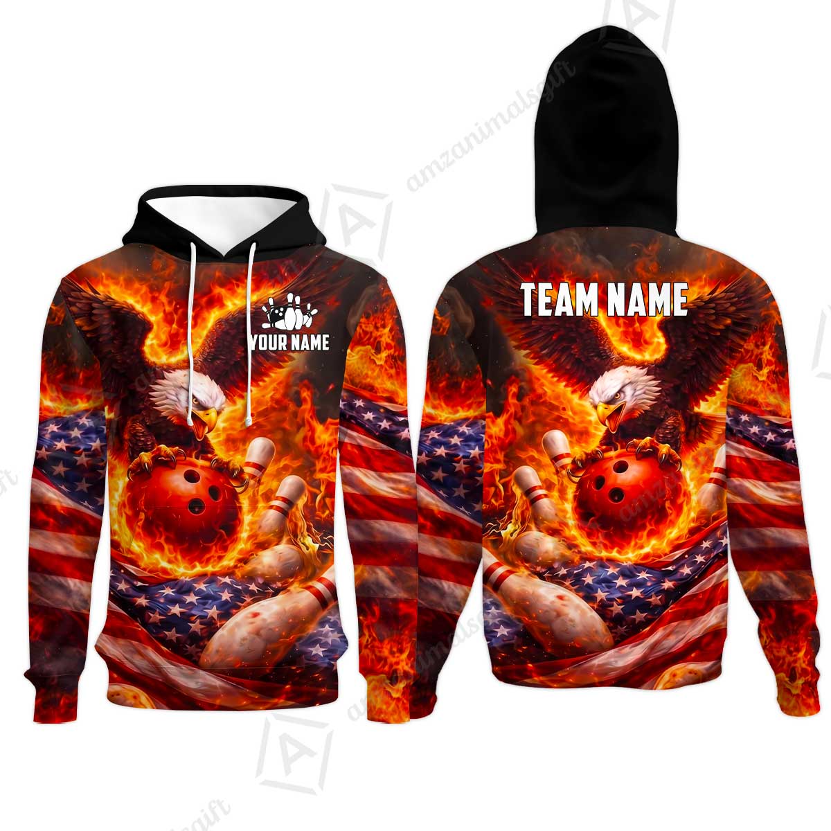 Custom Bowling Jersey Polo Shirt, Patriotic Blue Fire Eagle, Custom Bowling Jersey Team Shirt For Players With Name and Team Name