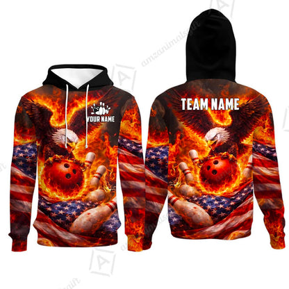 Custom Bowling Jersey Polo Shirt, Patriotic Blue Fire Eagle, Custom Bowling Jersey Team Shirt For Players With Name and Team Name