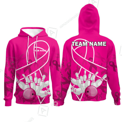 Custom Bowling Team Jerseys Polo Shirts for Breast Cancer Awareness, Bright Pink Bowling uniforms, pink bowling ball striking white pins Bowling Polo