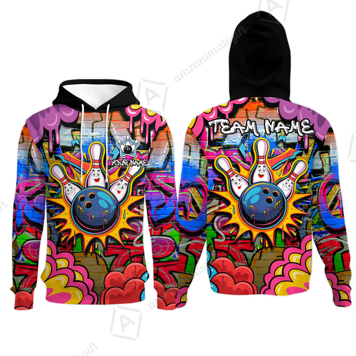 Custom Street Graffiti Bowling Team Jerseys Polo Shirts, Bowling uniforms, Street Graffiti Colorful Bowling Personalized Name And Team Name