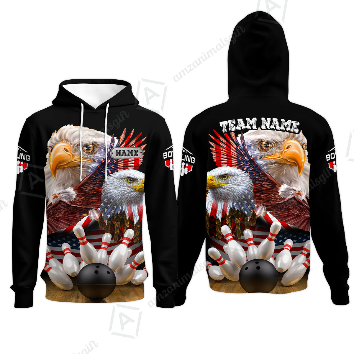 Customized Bowling Polo, Bowling And Pins American Eagles Pride Customized Name And Team Name And Team Zipper Polo Jerseys Shirts