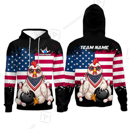 Custom Bowling Jersey Polo Shirt, Animal With Glasses And Bandana America Flag, Personalize Name & Team Name