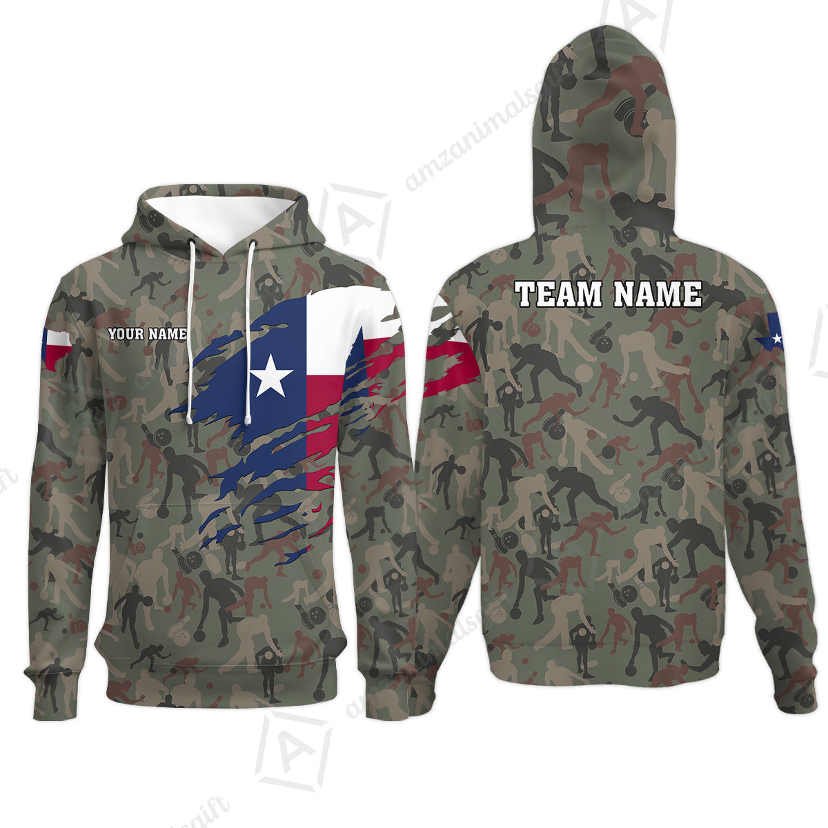 Custom Bowling Jersey Polo Shirt, Texas Flag Woodland Green Camouflage, Custom Bowling Jersey Team Shirt For Players With Name and Team Name