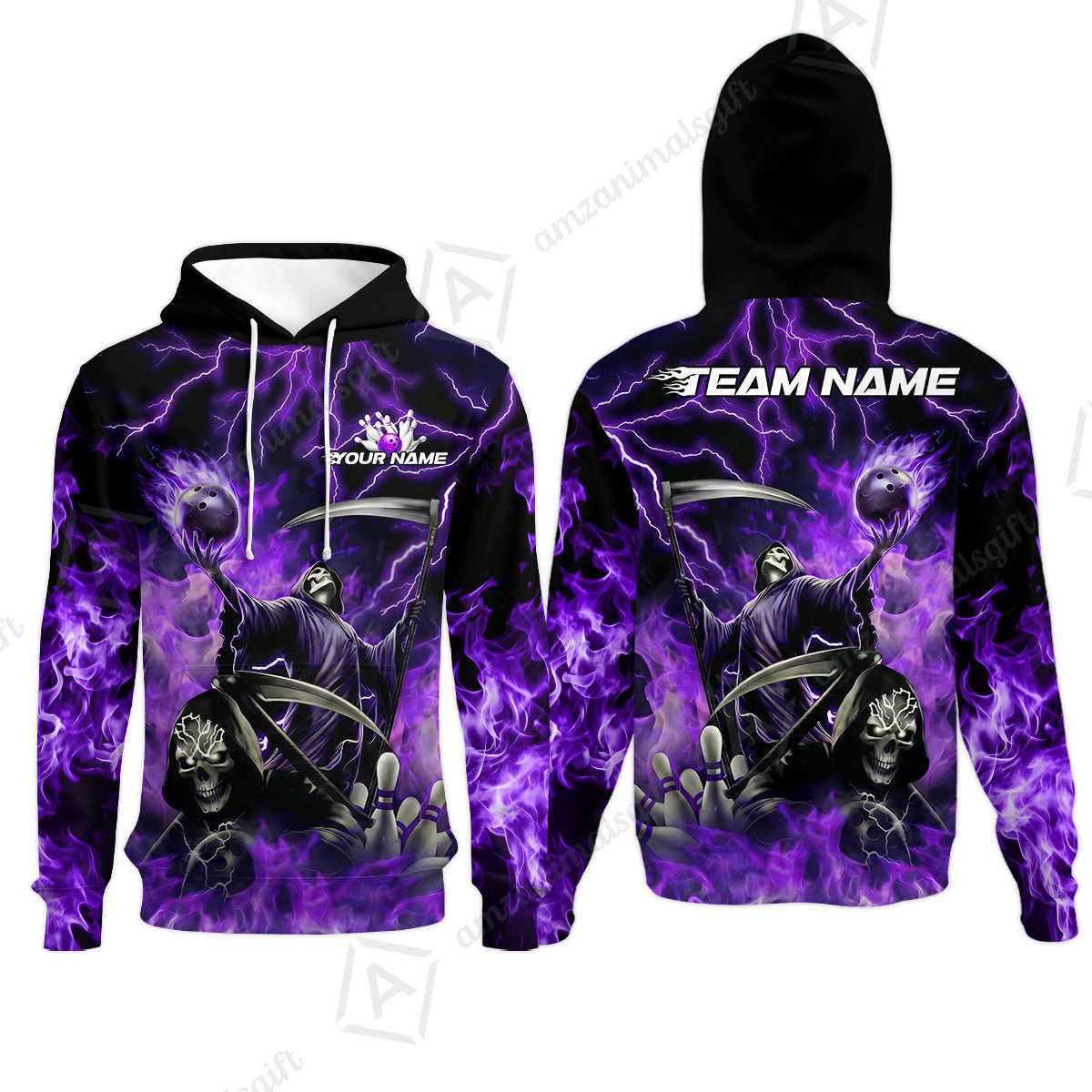 Custom Bowling Team Quarter-Zip Polo Shirt, Grim Reaper Skull With Flame Bowling Lightning Design for Bowlers, Personalized Shirt with Name and Team Name