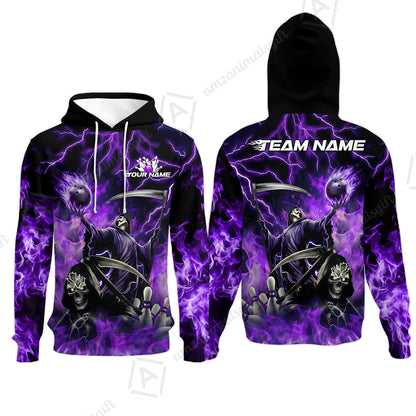 Custom Bowling Team Quarter-Zip Polo Shirt, Grim Reaper Skull With Flame Bowling Lightning Design for Bowlers, Personalized Shirt with Name and Team Name