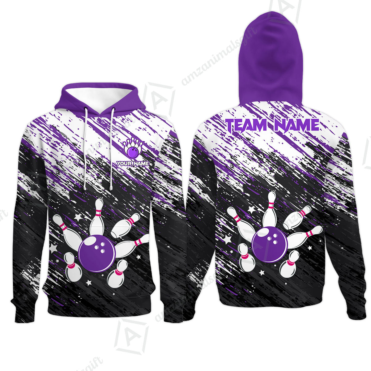 Customized Bowling Unisex Polo Shirt, Floral Pattern Black Purple Brush Wrap Abstract, Personalized Name Team Name