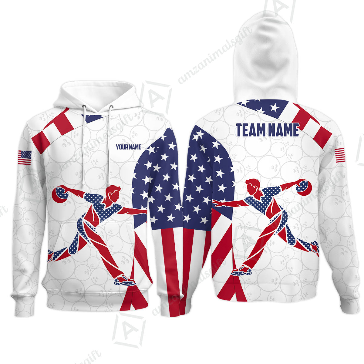 Custom Bowling Jersey Polo Shirt, Patriotic Bowler Silhouette Stars and Stripes, Custom Bowling Jersey Team Shirt For Players With Name and Team Name