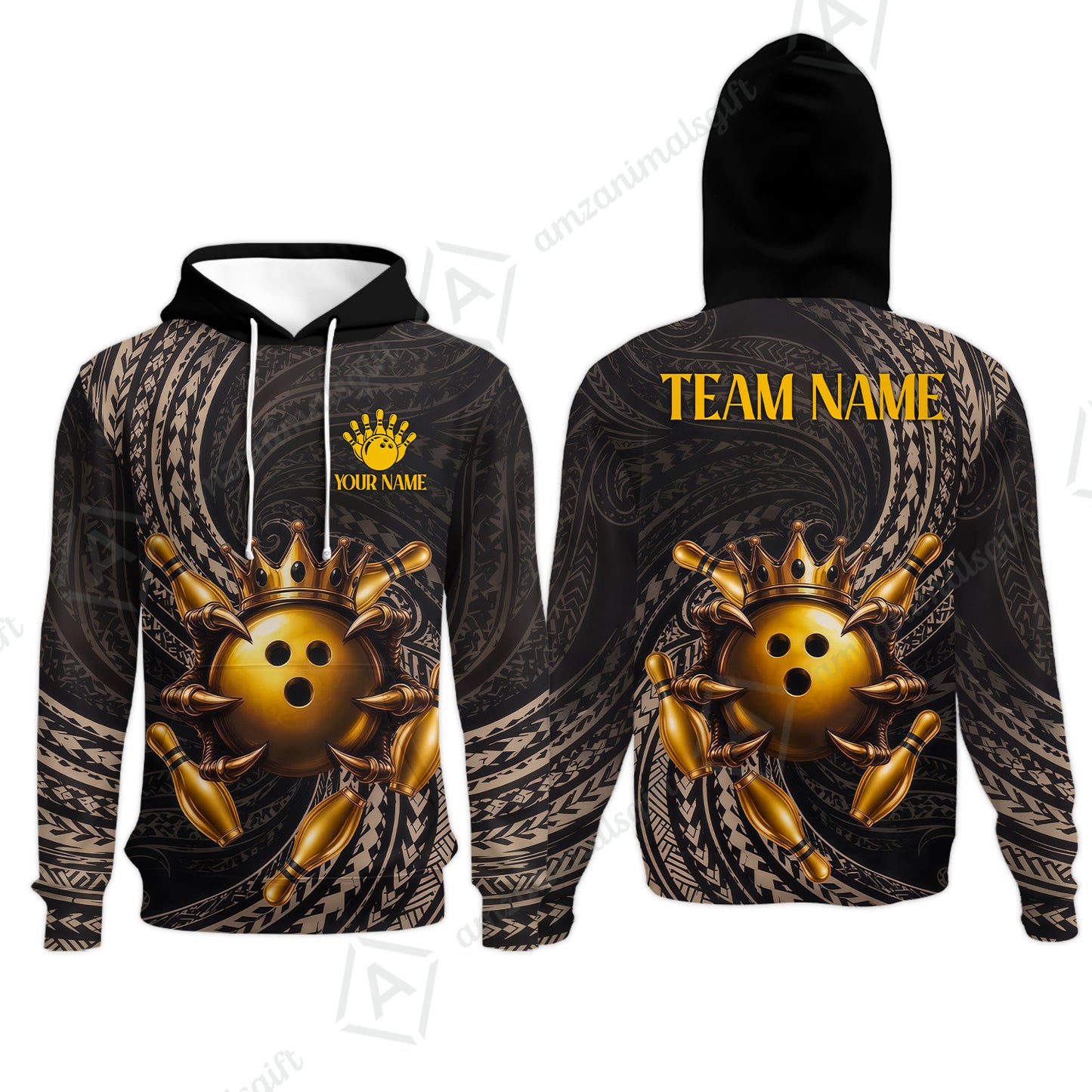 Custom Bowling Jersey Polo Shirt, Maori Tattoo Bowling Crown Gold Color, Custom Bowling Jersey Team Shirt For Players With Name and Team Name