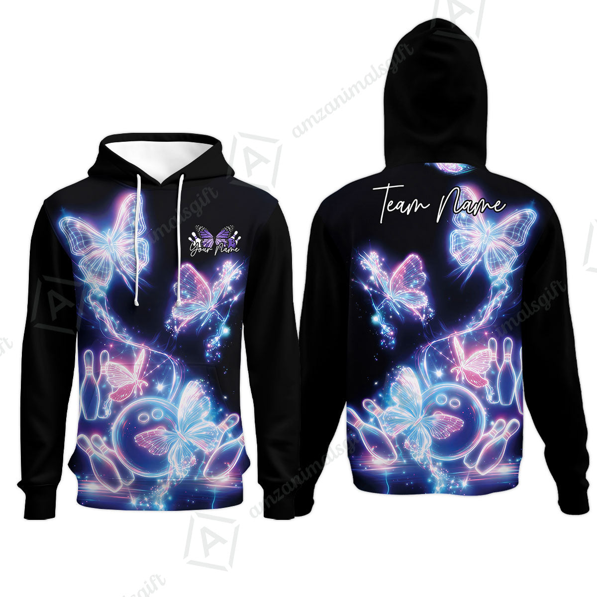 Custom Bowling Jersey Polo Shirt, Neon Electric Radiant Butterfly Glow, Custom Bowling Jersey Team Shirt For Players With Name & Team Name