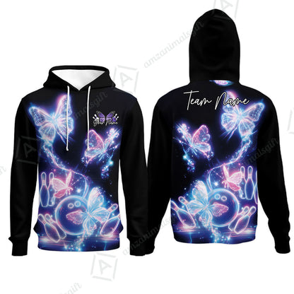 Custom Bowling Jersey Polo Shirt, Neon Electric Radiant Butterfly Glow, Custom Bowling Jersey Team Shirt For Players With Name & Team Name