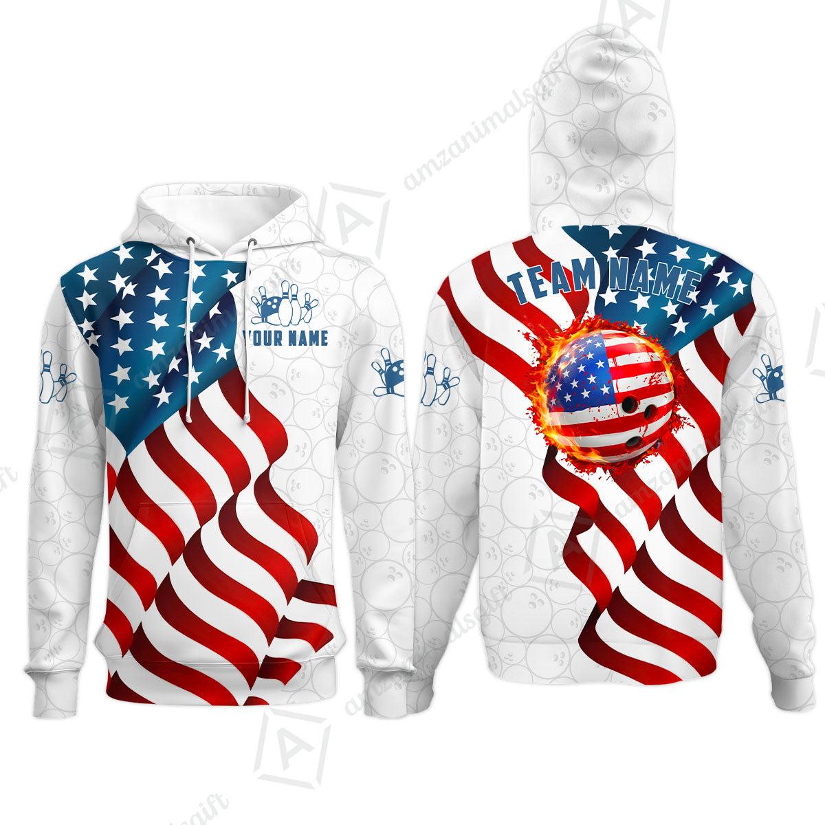 Custom Bowling Jersey Polo Shirt, Patriotic Waving USA Flag Fireball, Custom Bowling Jersey Team Shirt For Players With Name and Team Name