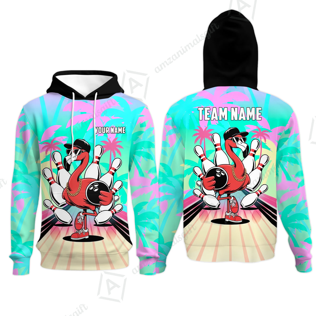 Custom Bowling Jersey Polo Shirt, Sunset Lanes Flamingo, Custom Bowling Jersey Team Shirt For Players With Name and Team Name